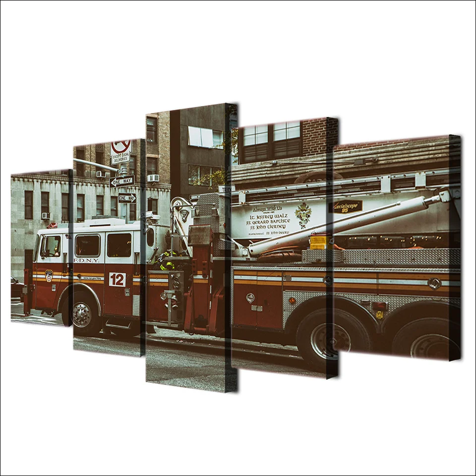 

Pictures Framework Wall Art HD Printed Modern Canvas 5 Panel Fire Truck City Guardian Home Decor Living Room Painting Modular