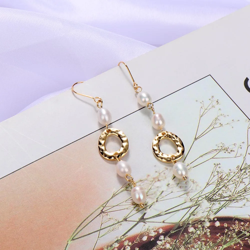 Серьги из натурального пресноводного жемчуга Длинные геометрические серьги