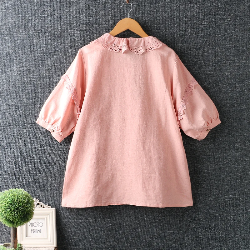 

Summer New Short Sleeve Eible Tree Fungus Embroidery Flower Single Breasted Shirt Women Tops Casual Wear GL6907