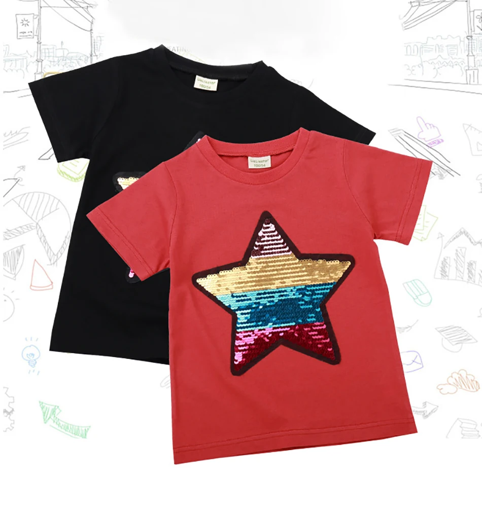 

Children Summer Cartoon Star Sequins T-shirt Kids Cotton camiseta black Red Casual Tee Tops Clothes For birthday gifts