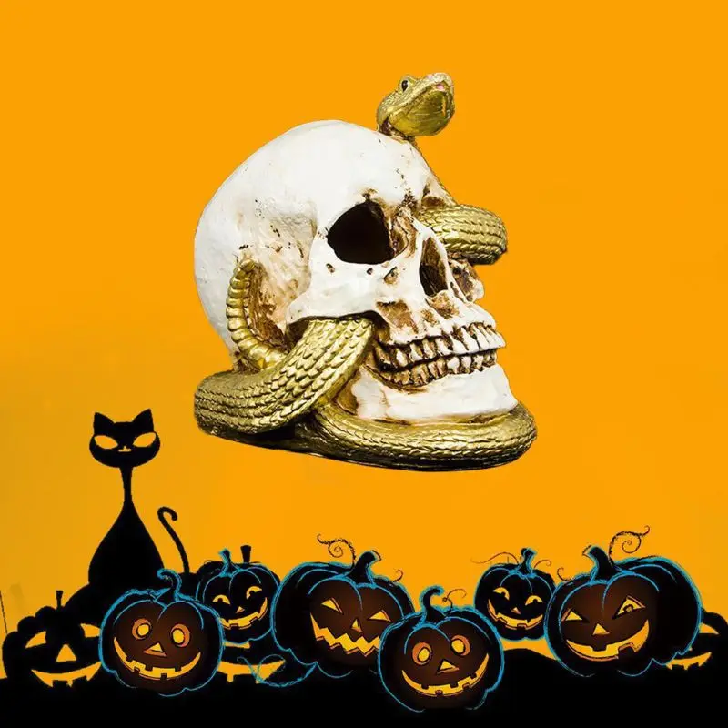 

Horror Skeleton Snake Habitat Skull Figurine Statue Sculpture Gothic Halloween Party Decoration With LED Lights Battery Operated