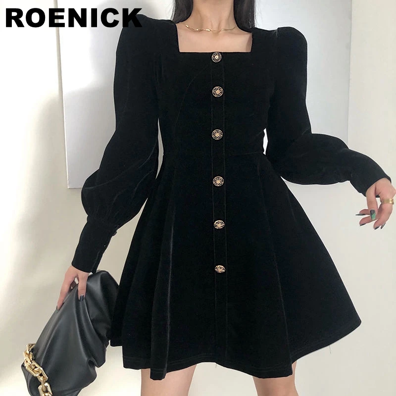 

ROENICK Women's Mini Dress Solid Square Collar Short Woman Dress Puff Sleeve Single-Breasted Design Retro Elegant Party Thin