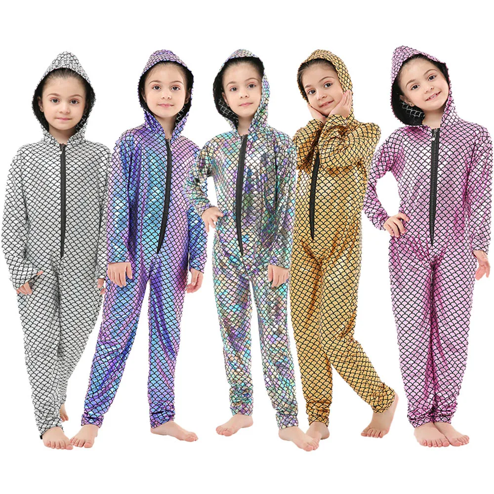 Цельнокроеный Костюм Русалки с блестками и капюшоном костюм для косплея из
