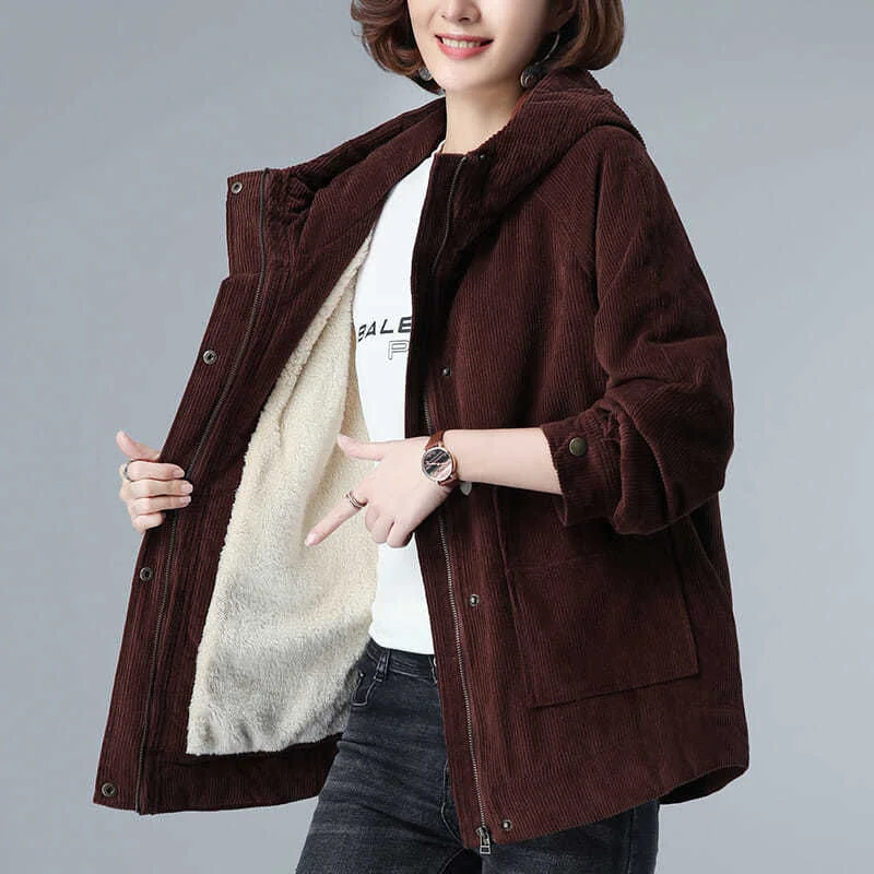 Куртка женская Вельветовая с капюшоном Повседневная куртка большого размера для