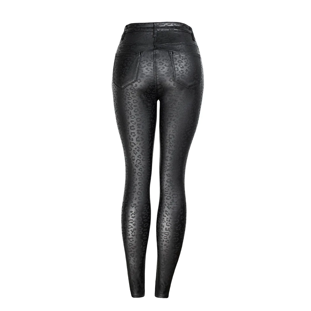 

2020 New Women's Spring and Autumn PU Leather Pencil Pants High Waist Leopard Print Skinny Pants