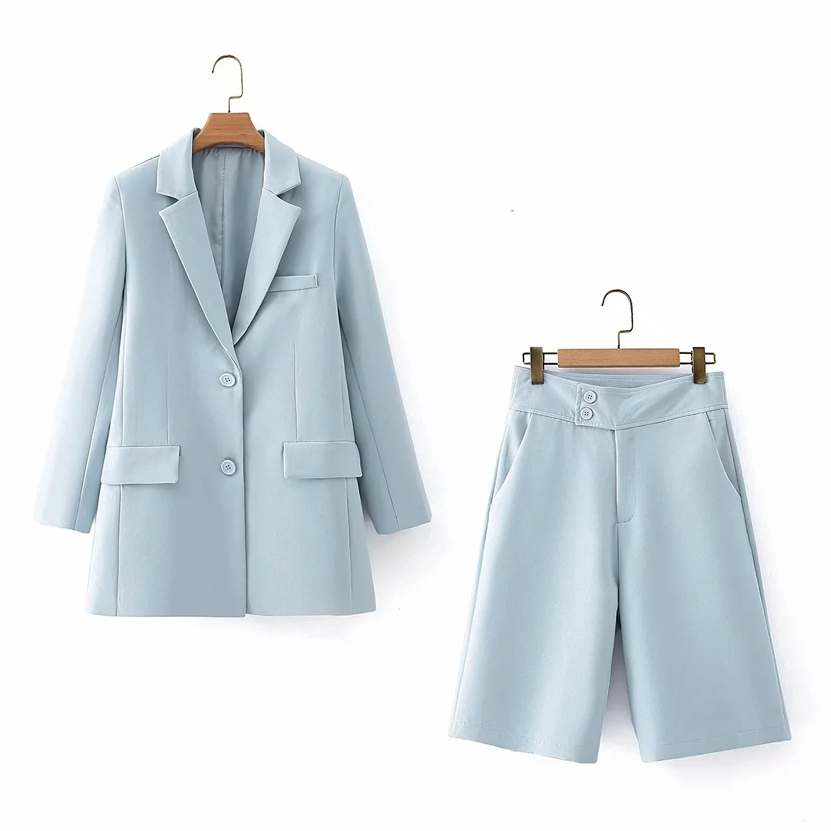 

Za Fashion Wild Pocket Solid Color Suit Jacket And High Waist Was Thin And Simple Wide Leg Shorts Two-piece Suit Female Xitimeao