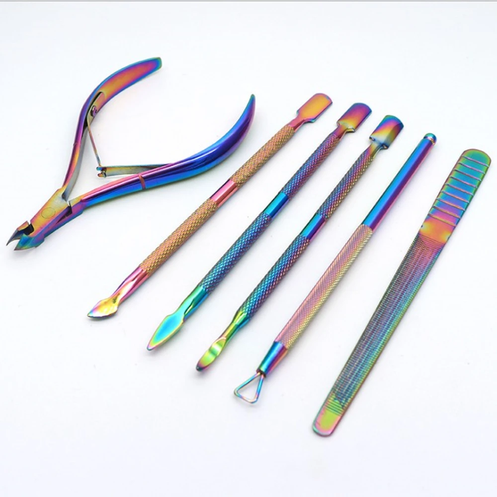 

Multi-type Rainbow Stainless Steel Nail Art Tools Cuticle Pusher Dead Skin Fork Gel Remover Nipper Tweezer Pedicure Manicure Set