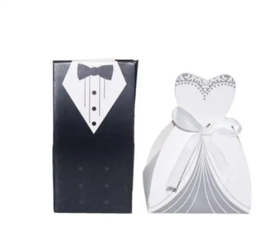 100PCS/Set Wedding Favor Candy Box Bride &amp Groom Dress Tuxedo Party w/ Ribbon boite dragees de mariage | Дом и сад