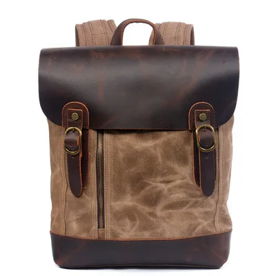 Retro oil wax canvas Crazy Horse Leather Backpack Belt Buckle Waterproof Backpack Men's Bag