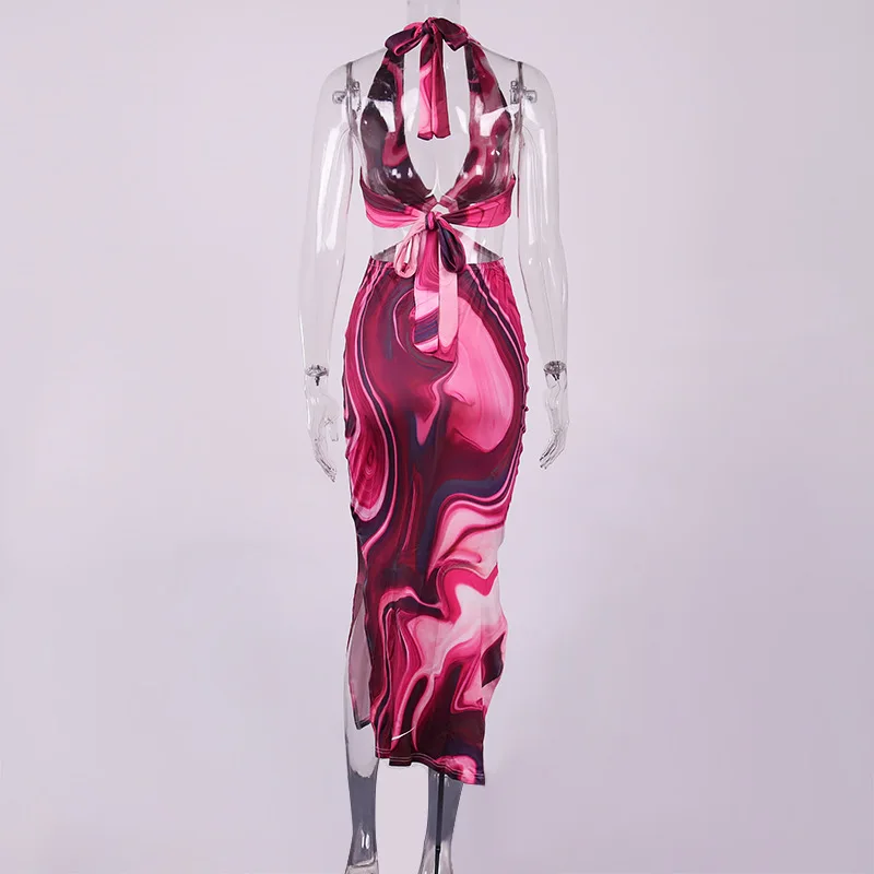 

Tie Dye Summer Dress Woman Lace Up Hollow Out Backless Split Halter Long Dress Lady Chic Sexy Beach Holiday Party Robe