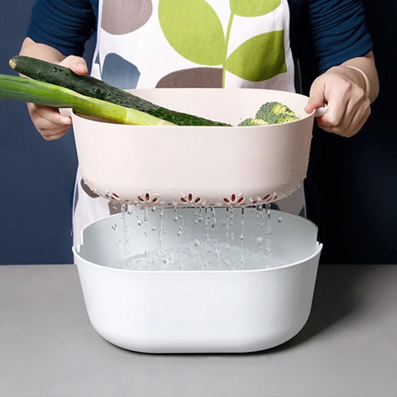 

Kitchen Double Drain Basket Plastic Round Storage Baskets Hollow Fruit Vegetable Wash Colander Household Fruit Washing Basin