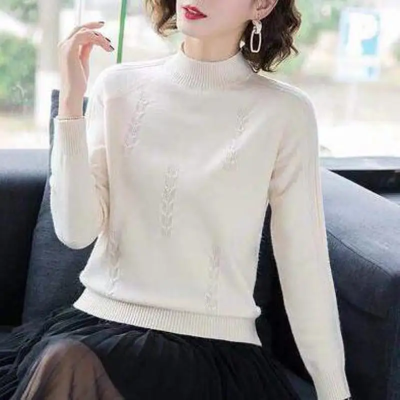 

WEIHAOBANG 2021 Autumn Winter New Women's Half High Neck Solid Color Long Sleeve Knitted Sweater Loose Pullover Knitted Top