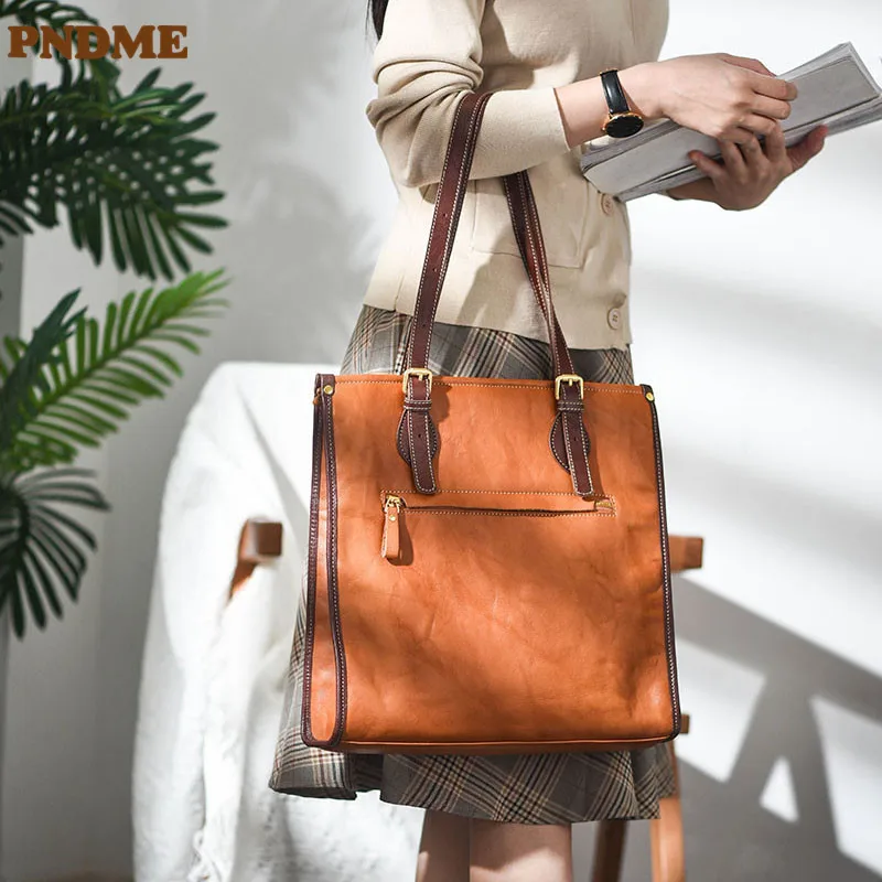 Купи PNDME simple vintage natural genuine leather women's tote bag fashion luxury real cowhide shoulder bag shopping work handbag за 5,268 рублей в магазине AliExpress
