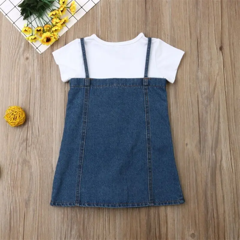 

2020 New Summer 1-4Y Toddler Kid Baby Girl 2Pcs Set White Short Sleeve T-Shirt+Denim Single Breasted Suspender Dress Outfit