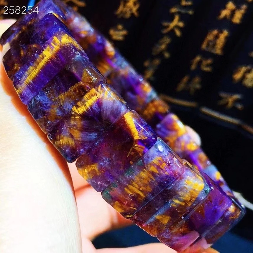 

Natural Cacoxenite Purple Gold Rutilated Quartz Bracelet Women Men Stretch 15x9.2x5.6mm Crystal Clear Beads AAAAAA