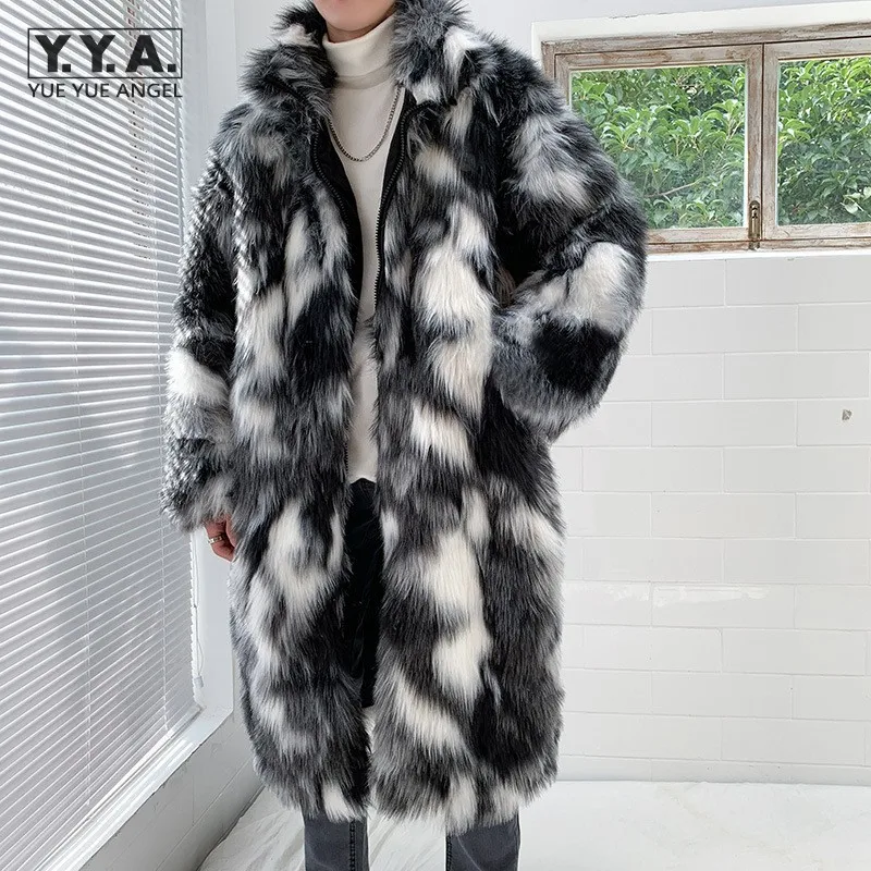 

Hip Hop Luxury Color Mixing Faux Fur Long Jacket Men Loose Zipper Winter Overcoat Fashion Streetwear Mens Outerwear Casual Coats