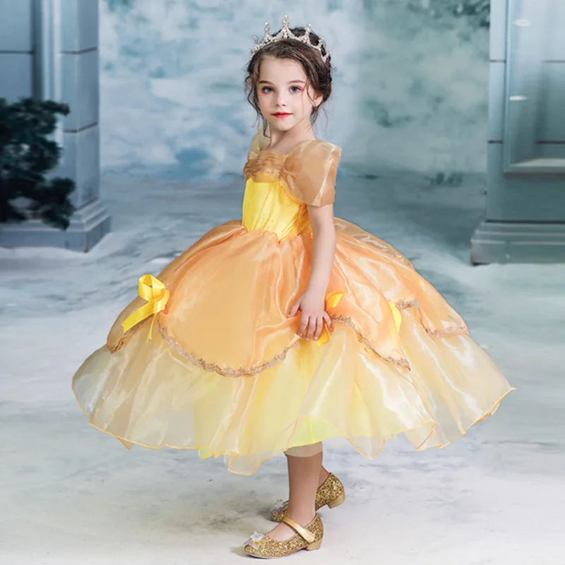 Vestido de princesa Bella para ni&ntilde;a, vestido de baile Floral, disfraz de Bella y bestia, fiesta de lujo-3