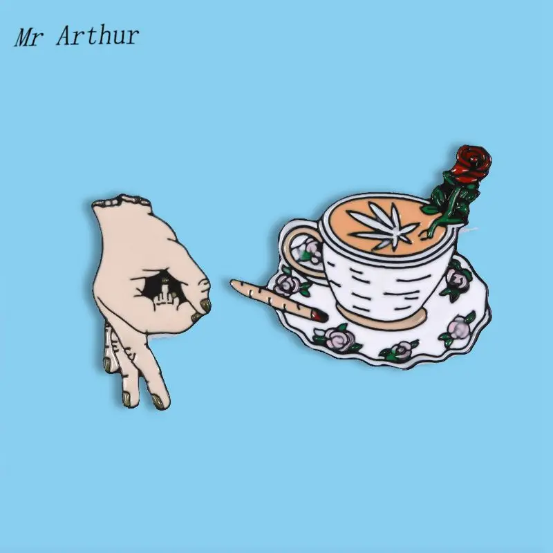 Цветок чашка с кофе эмалированная булавка для жестов ОК сигарета роза брошь