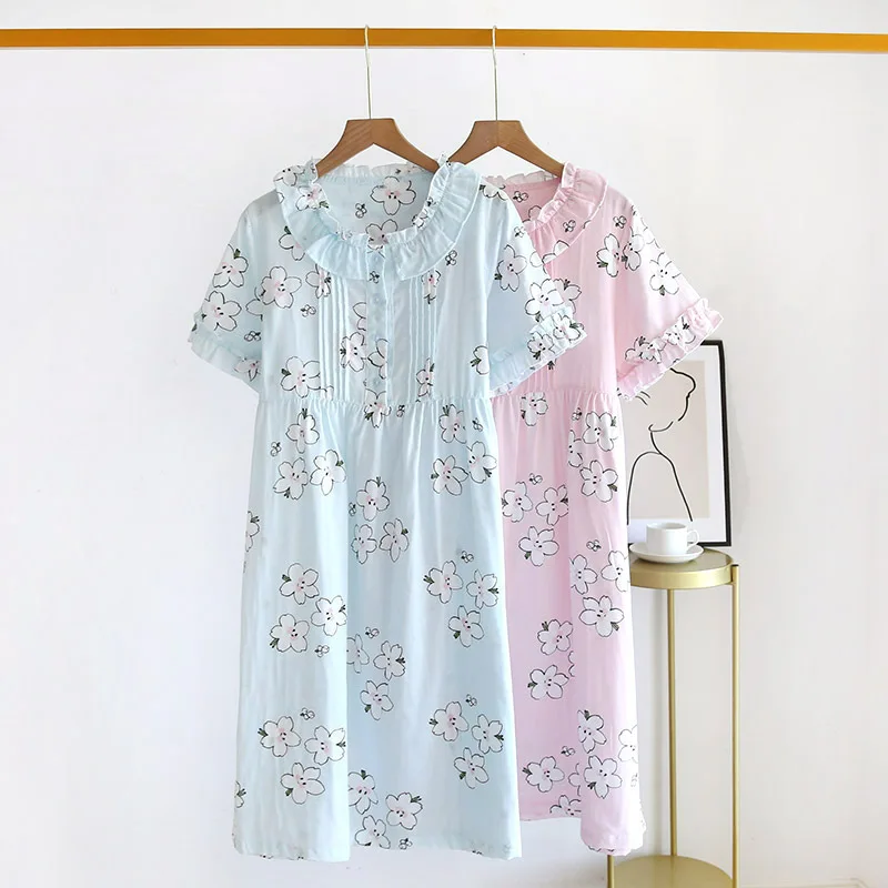 Летняя женская ночная рубашка из чистого хлопка с марлевой тканью Сакура