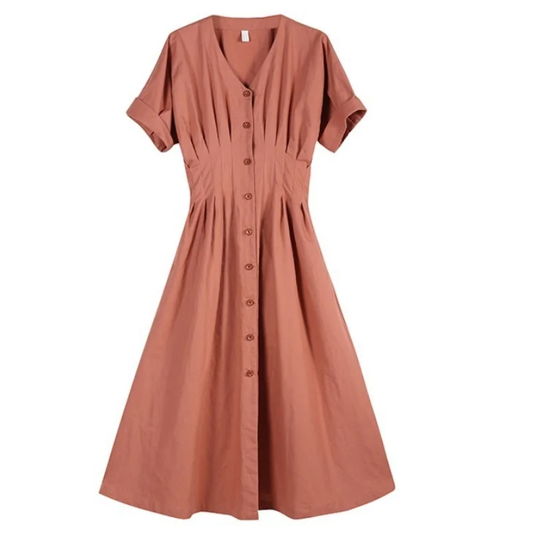 

New Women's Clothing Dresses Sexy V-neck Dress Summer Short-sleeved Single-breasted High-waisted Waist Dress Vestidos Pink 2021