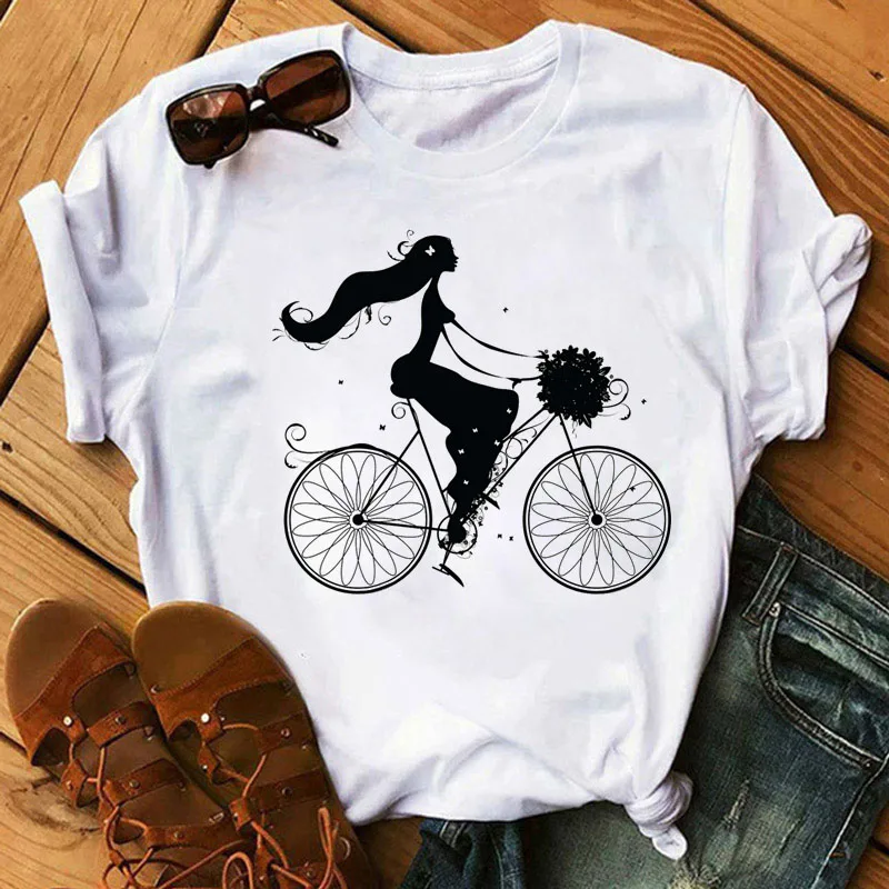 

T Shirt Women Girl With Flower Bicycle Printed Tops Female Harajuku Cute Graphic Tee Shirts Women Short Sleeve Summer T-shirts