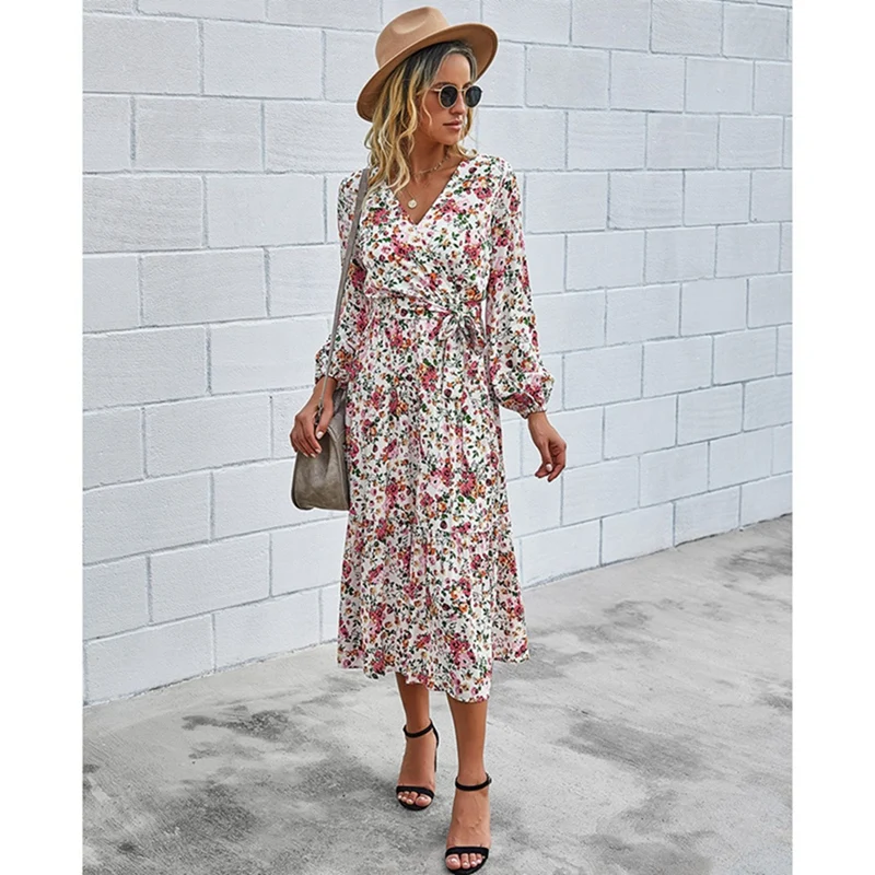 

Boho Print Women Summer Dress V Neck Lace Up Long Beach Dress Loose A-Line Holiday Sexy Women Dresses