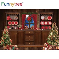 funnytree christmas party backdrop winter trees wood cupboard curtain windows night gifts bear wreath knot photozone background