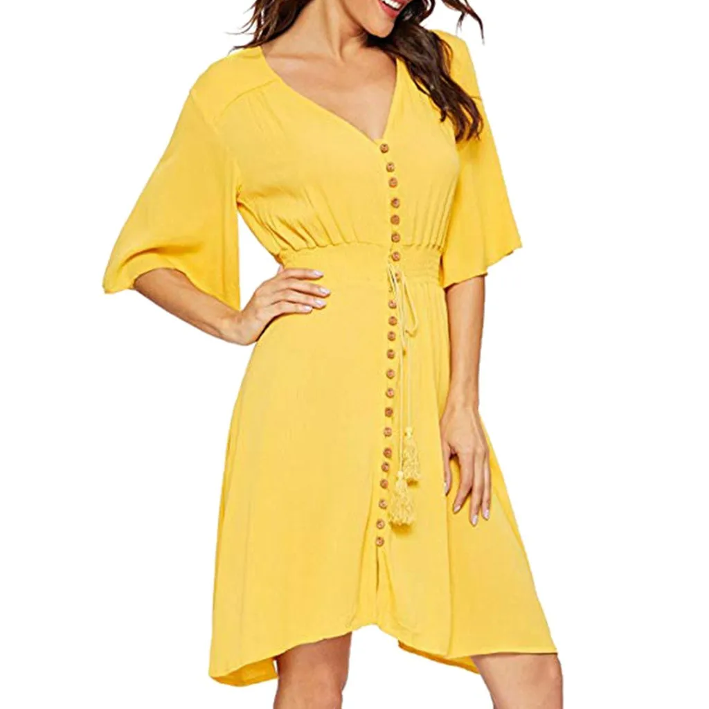 

Dress women summer slim beach dressWomen's Casual Pure Color Chiffon Button Elastic Waist Dress 2021