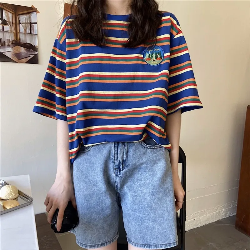 

KOSAHIKI Harajuku Striped Kawaii Women Tops Casual Loose Short Sleeve Korean Student Tee Shirt Ins Retro O Neck Teens T Shirt