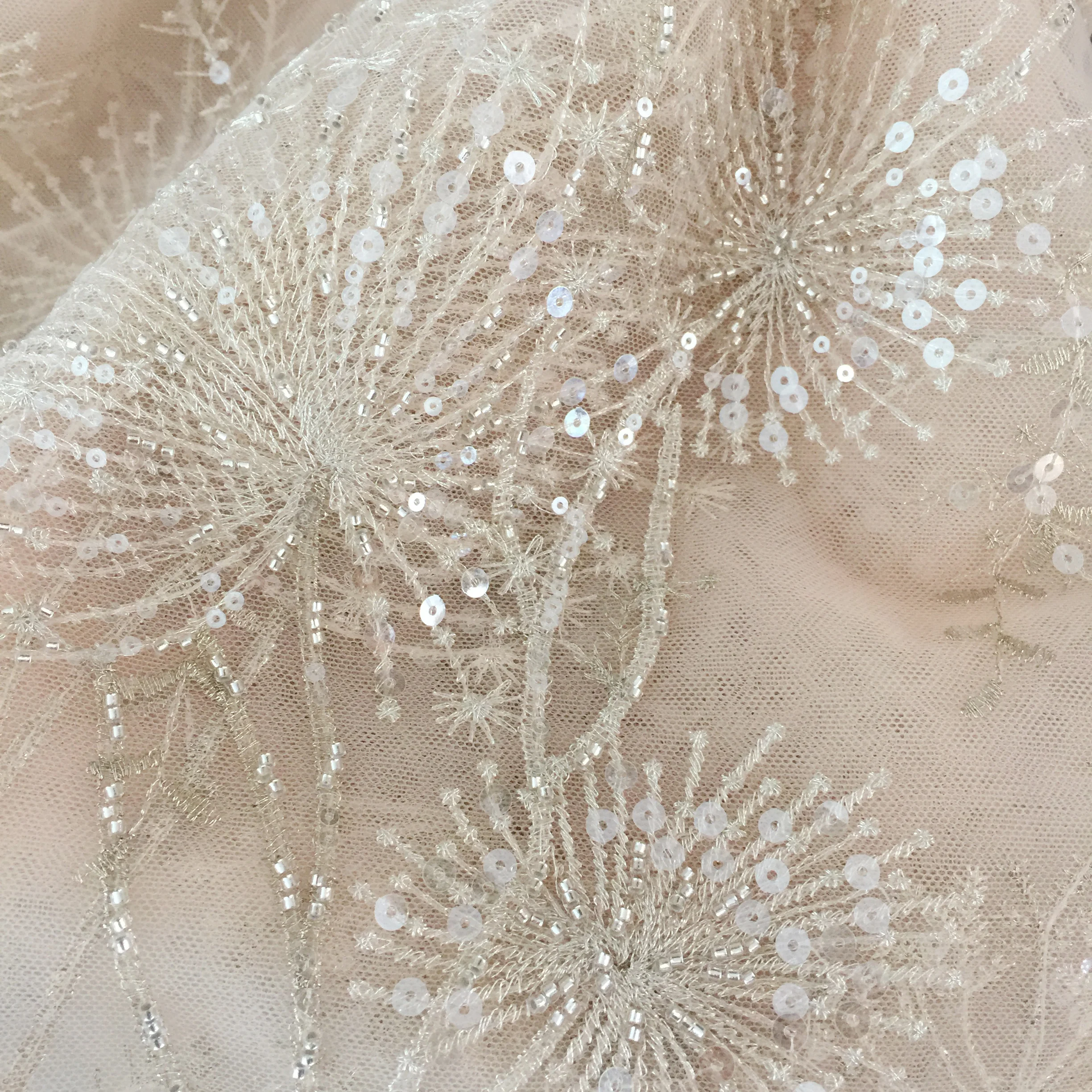 

1 Yard Champagne 3D Beaded Tulle Emrboidery Lace With Clear Sequin Gold Thread 135cm Wide