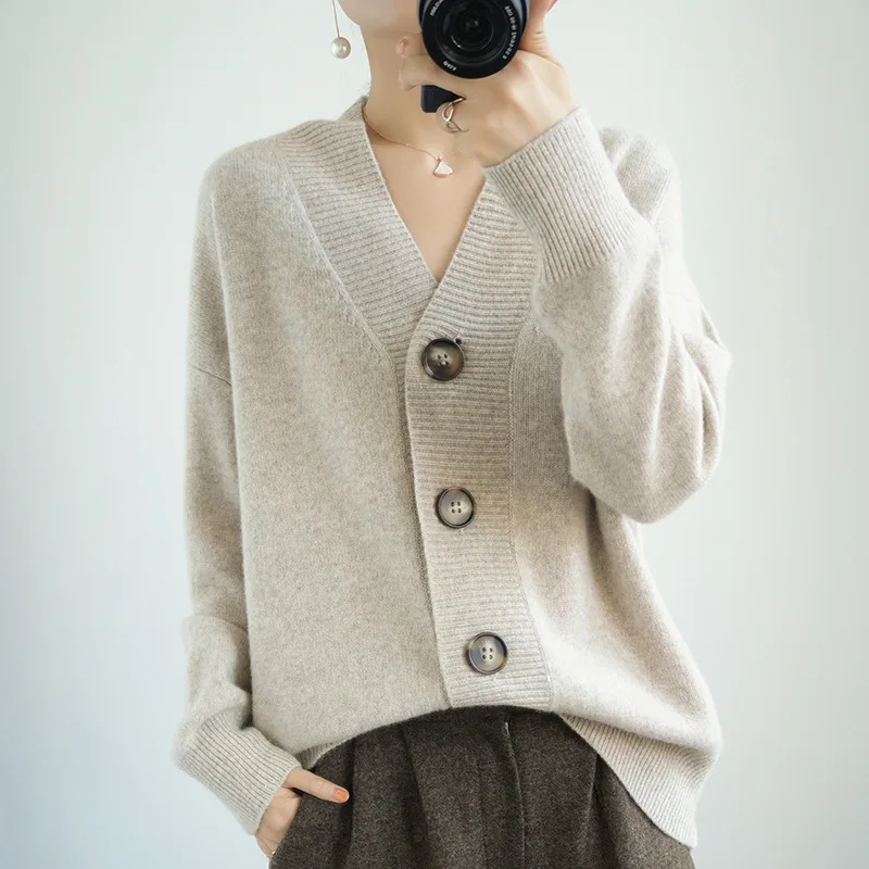 

Женский короткий свитер с V-образным вырезом, свободный трикотажный кардиган из 100% шерсти в Корейском стиле, весна 2021