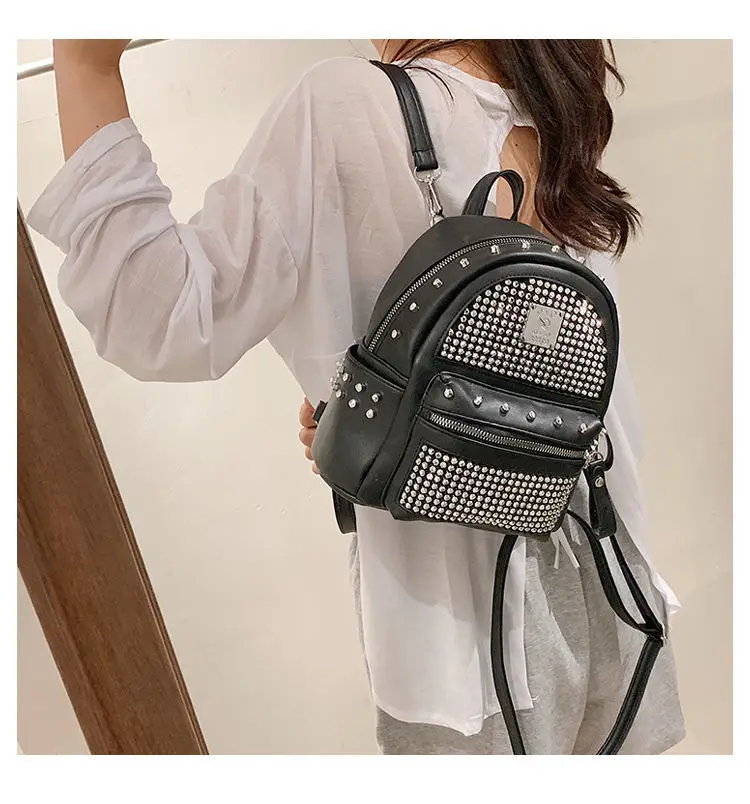 9-дюймовый женский брендовый дизайнерский рюкзак, дорожная сумка из искусственной кожи, школьная сумка с блестящими заклепками для подрост...