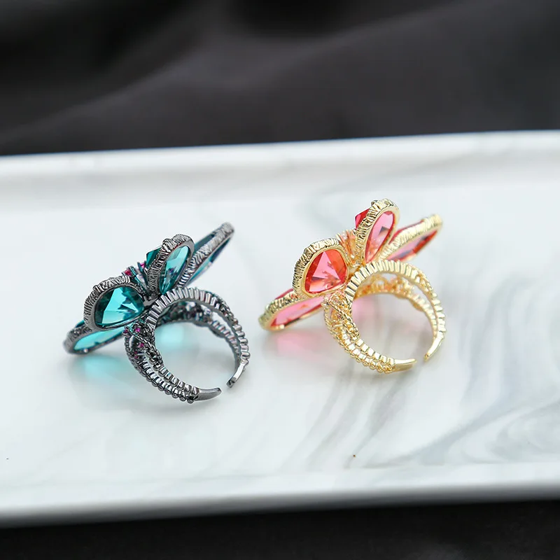 Модное винтажное зеленое большое цветочное открытое регулируемое кольцо для