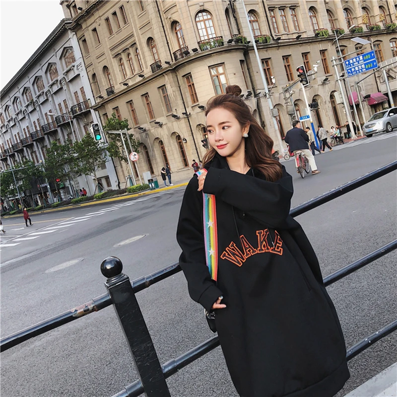 L-3XL New Fall Winter Women Letter Print Loose hoodies Dress Girl streetwear Trend Fashion Long Style Pullovers Sweatshirts