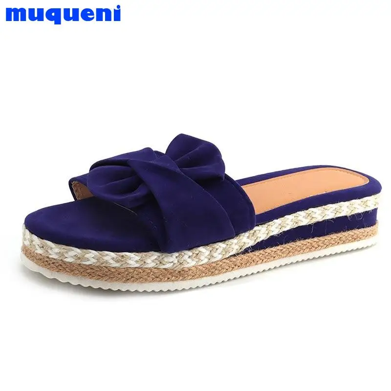 

Women Slippers 2021 Summer Platform Wedges Mid Heels Bow Tie Peep Toe Fashion Slides Beach Outdoor Ladies Shoes Zapatos De Mujer