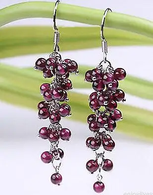 

A Red Garnet Beads Cluster Grape White Plated Hook Earrings