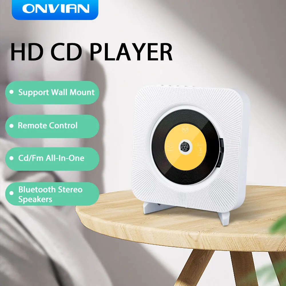 Настенный CD-проигрыватель onbian с объемным звуком, FM-радио, Bluetooth, USB, MP3 дисков, портативный музыкальный плеер, стерео динамик с дистанционным управлением - изображение