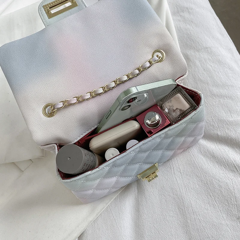 

Rainbow Color Shoulder Bags for Women Summer Gradient Diamond Lattice Crossbody Bags Leather Handbag Chain Quilted Messenger Bag