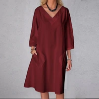 summer linen long dresses all sizes elegant cotton female dress classic fashion simple solid style v neck linen healthy material