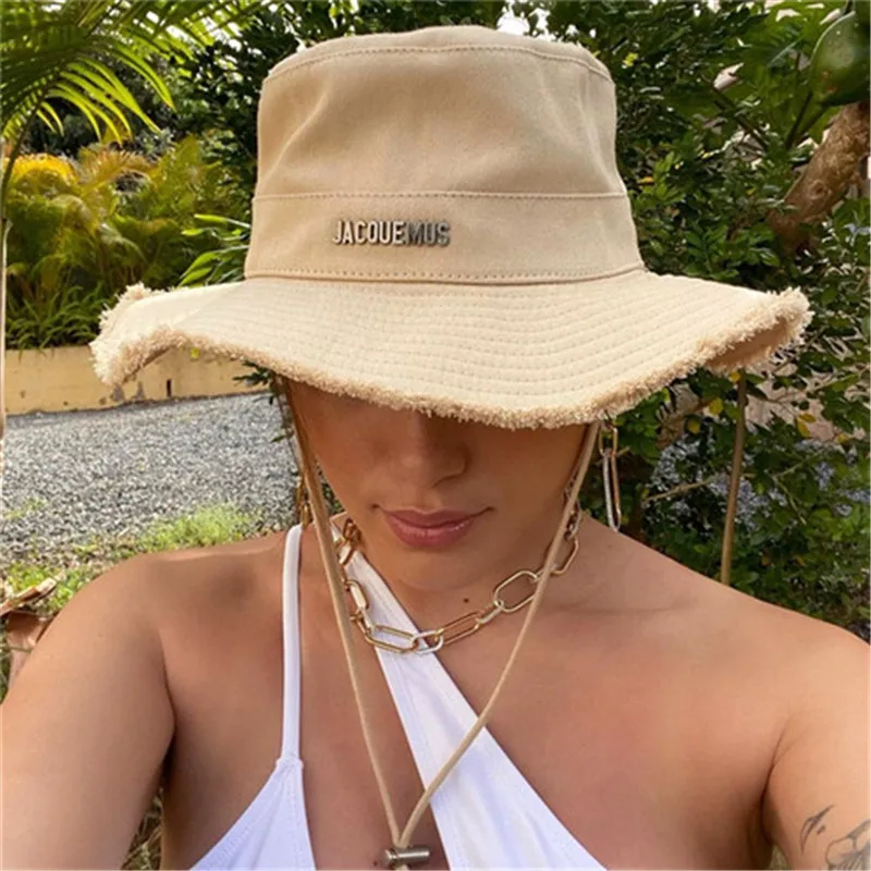 

Summer Women's Bucket Hats Raw Edges Canvas Drawstring Women Sun Hat