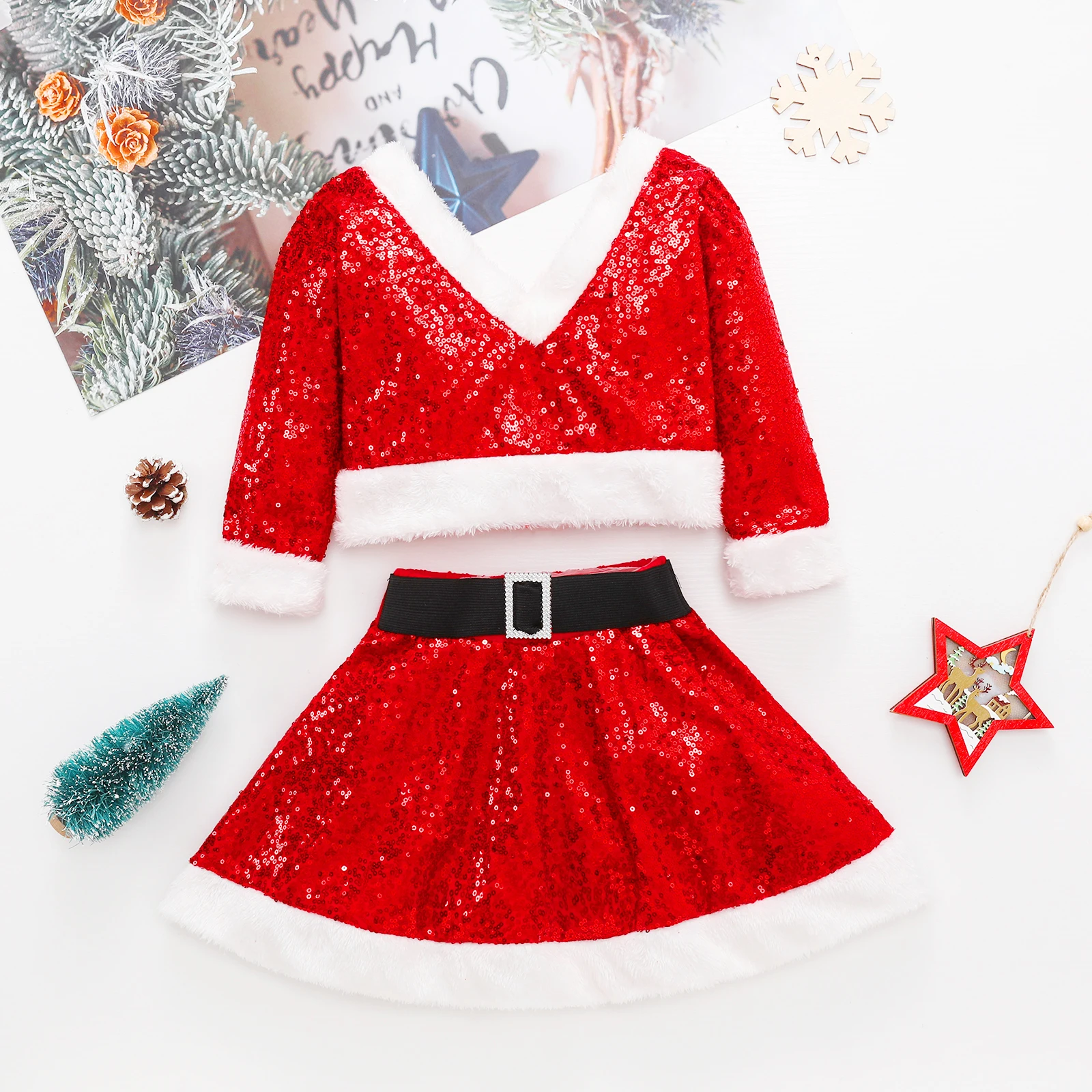 Осенний Рождественский наряд для девочек Citgeett топы с длинным рукавом и блестками