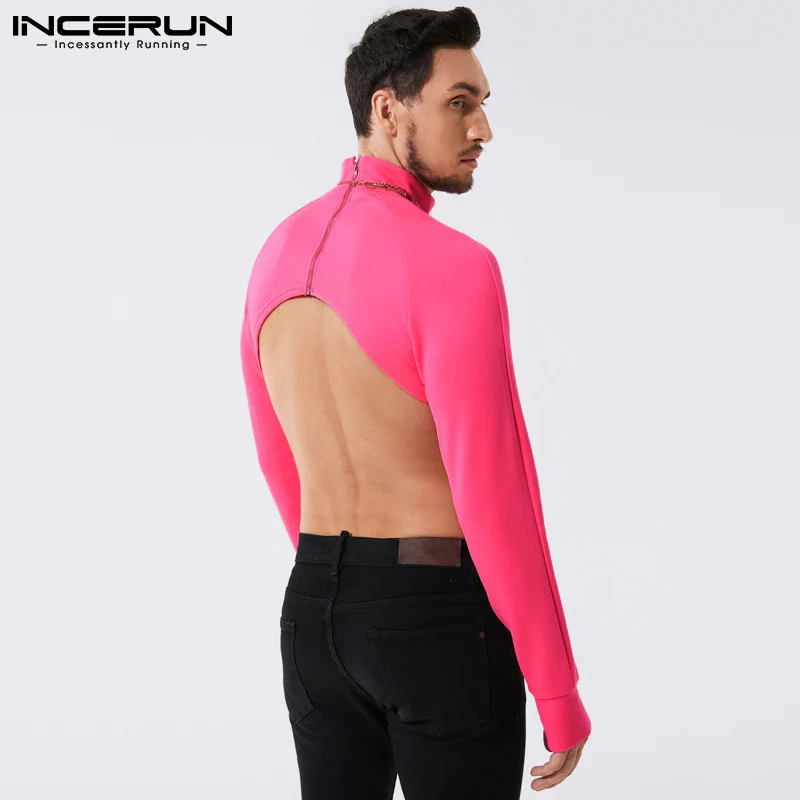 INCERUN Handsome Mens Crop Tops Long Sleeve High Collar Fashionable Cross-over Design Wear Zipper Shirts Bottoming Tops S-5XL