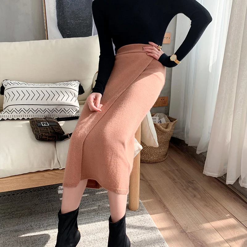CBF 2020 Latest style Women's Knitted Pure wool Skirt Checker color Fork opening Soft and high quality Tight fitting skirt | Женская