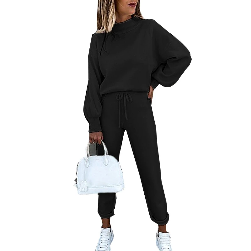 

Women 2 Piece Workout Outfits Long Sleeve Crop Top Drawstring High Waist Pants