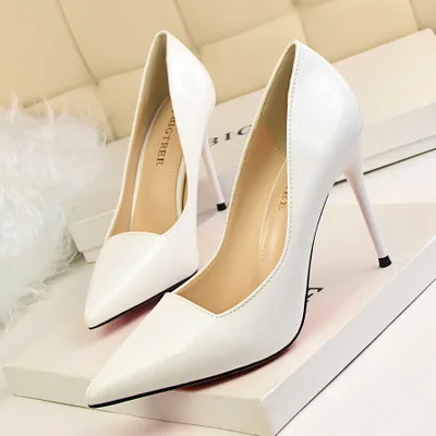 

NEW Patent Leather Women Pumps High Heels 9.5CM Shallow Slip On Pointed Toe Single Office Shoes Stilettos Female Wedding Shoes