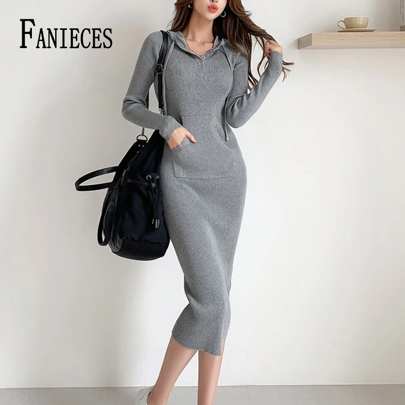 

FANIECES Autumn Winter Slim Hooded Knitted Dress Midi Women Long Sleeve Hoodies Bodycon Dresses Solid Sheath Sweater Vestidos