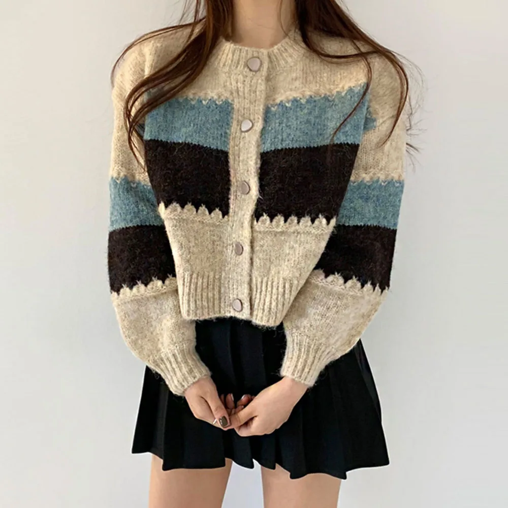 

Sweater Women Patchwork Color Soft Knitted Sweater O Neck Sweet Sweater 2021 Autumn Winter Cardigan Loose Long Sleeve Sweaters