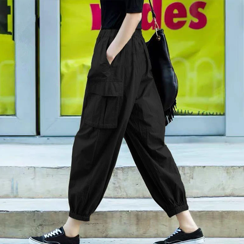 

Cargo Pants Women's Casual Korean Fashion Loose Large Size Bloomers Feminino Wild Elastic Khaki Trousers Pockets Streetwear