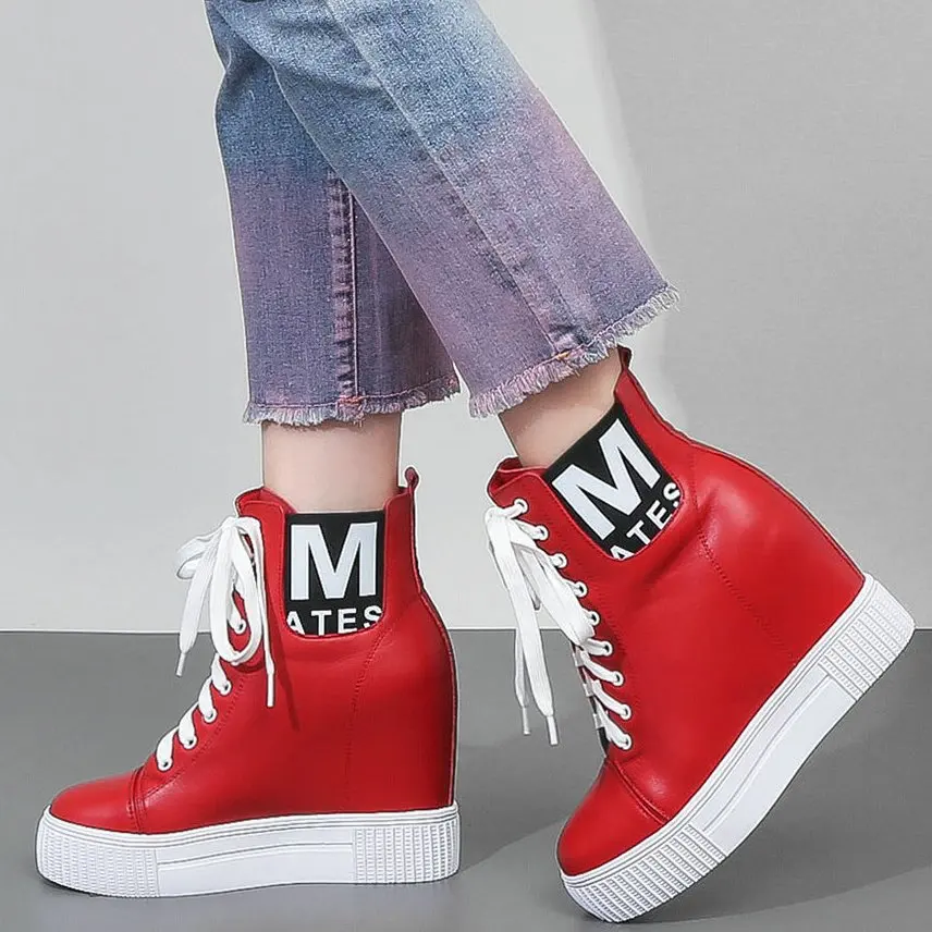 

Increasing Height Fashion Sneaker Women's Genuine Leather High Heels Platform Wedge Ankle Boots Punk Goth Lace Up Party Oxfords