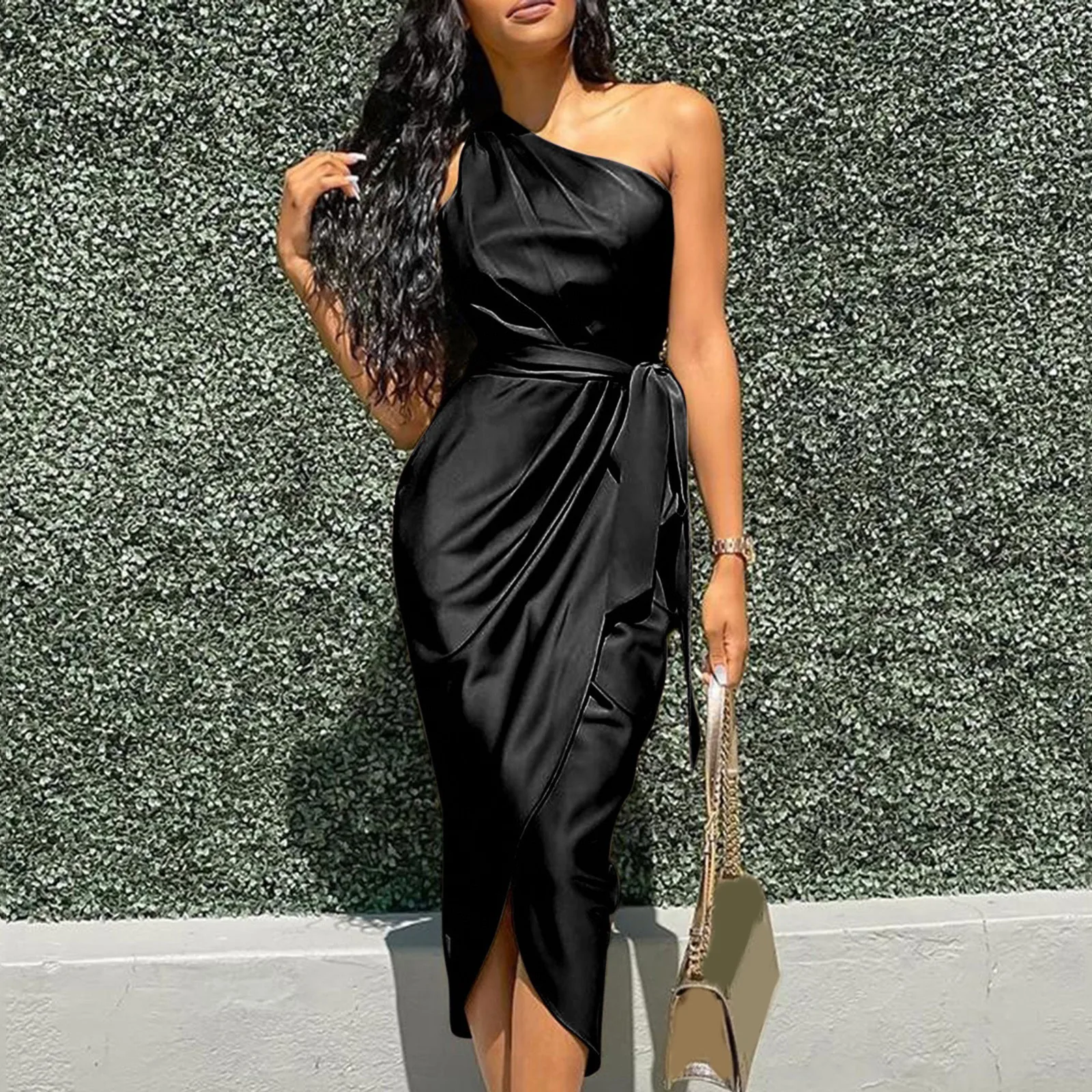 

2021 Dresses Fashion One Shoulder Puff Sleeve Ruched Slit Party Sexy Dresses Summer Asymmetric Midi Long Sexy Robes